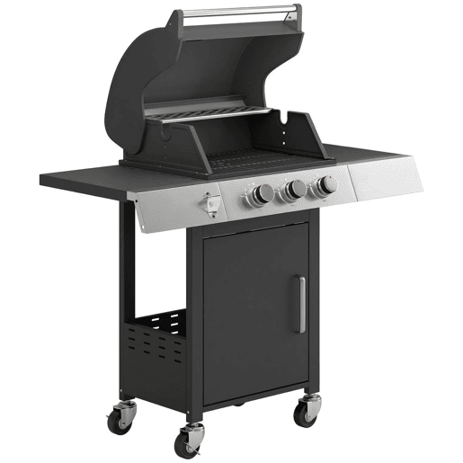 Outsunny Barbecue a Gás BBQ com 3 Queimadores 8,1 kW Termómetro Mesas Laterais Armário Grelha Superior Recolhedor de Gordura e 4 Rodas Preto