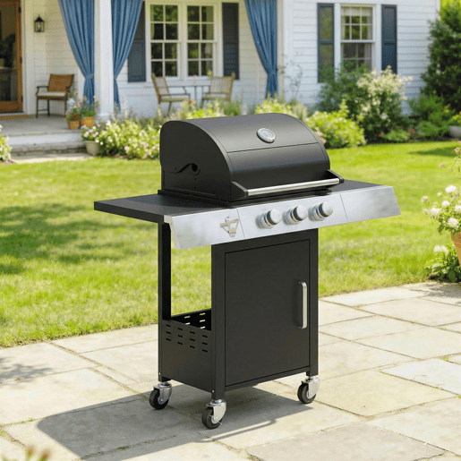 Outsunny Barbecue a Gás BBQ com 3 Queimadores 8,1 kW Termómetro Mesas Laterais Armário Grelha Superior Recolhedor de Gordura e 4 Rodas Preto