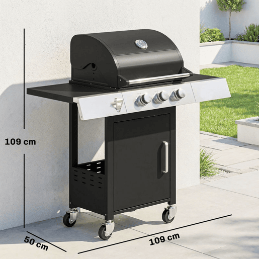 Outsunny Barbecue a Gás BBQ com 3 Queimadores 8,1 kW Termómetro Mesas Laterais Armário Grelha Superior Recolhedor de Gordura e 4 Rodas Preto