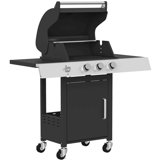 Outsunny Barbecue a Gás BBQ com 3 Queimadores 8,1 kW Termómetro Mesas Laterais Armário Grelha Superior Recolhedor de Gordura e 4 Rodas Preto