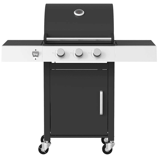Outsunny Barbecue a Gás BBQ com 3 Queimadores 8,1 kW Termómetro Mesas Laterais Armário Grelha Superior Recolhedor de Gordura e 4 Rodas Preto