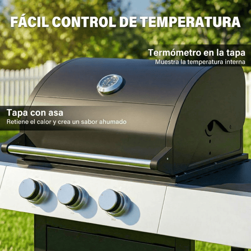 Outsunny Barbecue a Gás BBQ com 3 Queimadores 8,1 kW Termómetro Mesas Laterais Armário Grelha Superior Recolhedor de Gordura e 4 Rodas Preto