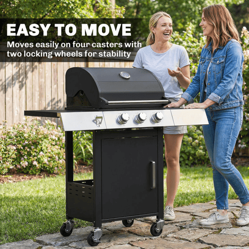 Outsunny Barbecue a Gás BBQ com 3 Queimadores 8,1 kW Termómetro Mesas Laterais Armário Grelha Superior Recolhedor de Gordura e 4 Rodas Preto
