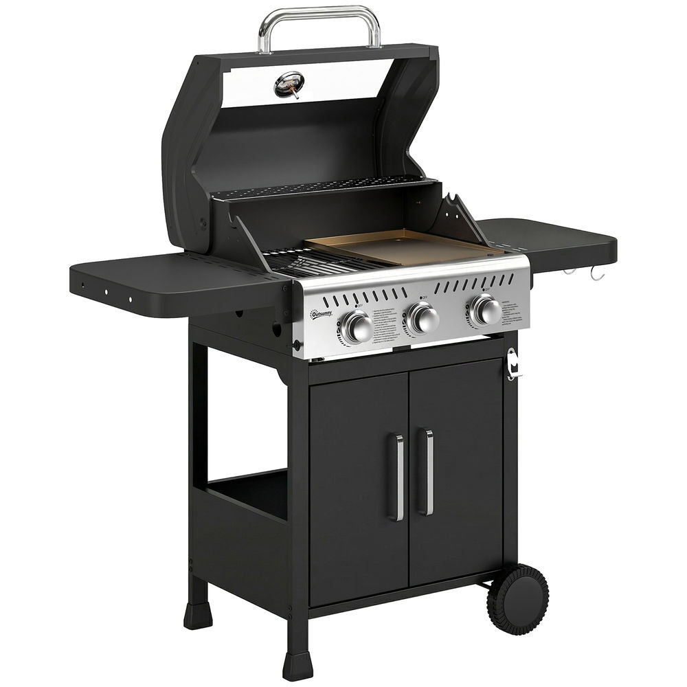 Outsunny barbacoa de gas bbq gas portátil con 3 quemadores 7,5 kw termómetro mesas laterales plegables armario rejilla calentadora parrilla plancha tapa con ventana recogedor y recipiente grasa ruedas