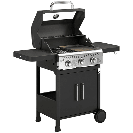 Outsunny Barbecue a Gás Portátil com 3 Queimadores 7,5 kW Termómetro Mesas Laterais Dobráveis Armário Grelha Aquecedora Chapa Tampa com Janela Coletor e Recipiente de Gordura Rodas 125x57x110 cm Preto