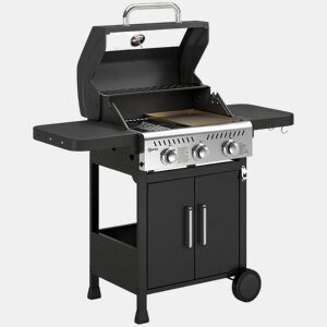 Outsunny Barbecue a Gás Portátil com 3 Queimadores 7,5 kW Termómetro Mesas Laterais Dobráveis Armário Grelha Aquecedora Chapa Tampa com Janela Coletor e Recipiente de Gordura Rodas 125x57x110 cm Preto