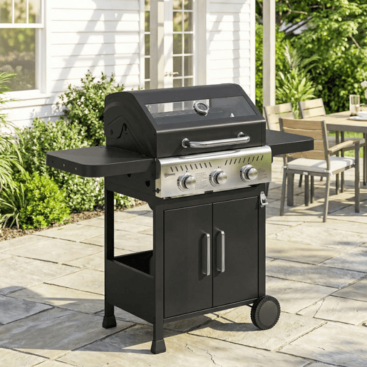 Outsunny Barbecue a Gás Portátil com 3 Queimadores 7,5 kW Termómetro Mesas Laterais Dobráveis Armário Grelha Aquecedora Chapa Tampa com Janela Coletor e Recipiente de Gordura Rodas 125x57x110 cm Preto