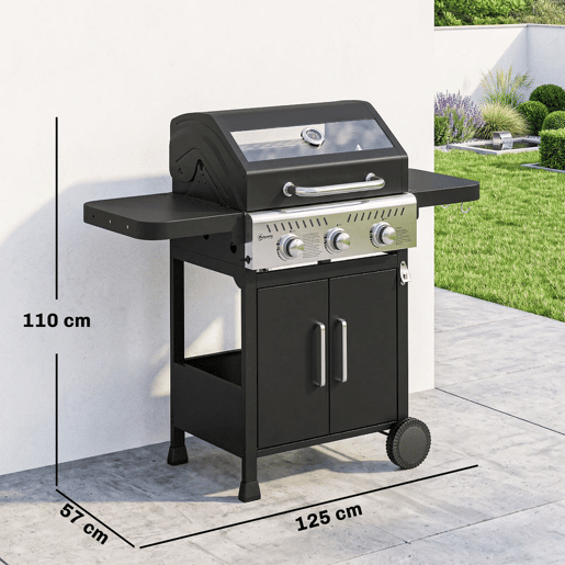Outsunny Barbecue a Gás Portátil com 3 Queimadores 7,5 kW Termómetro Mesas Laterais Dobráveis Armário Grelha Aquecedora Chapa Tampa com Janela Coletor e Recipiente de Gordura Rodas 125x57x110 cm Preto