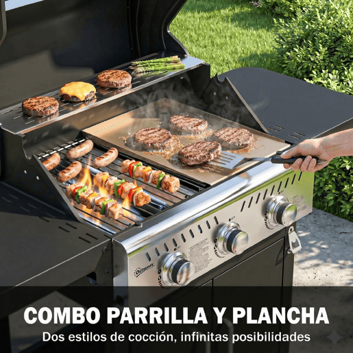 Outsunny Barbecue a Gás Portátil com 3 Queimadores 7,5 kW Termómetro Mesas Laterais Dobráveis Armário Grelha Aquecedora Chapa Tampa com Janela Coletor e Recipiente de Gordura Rodas 125x57x110 cm Preto