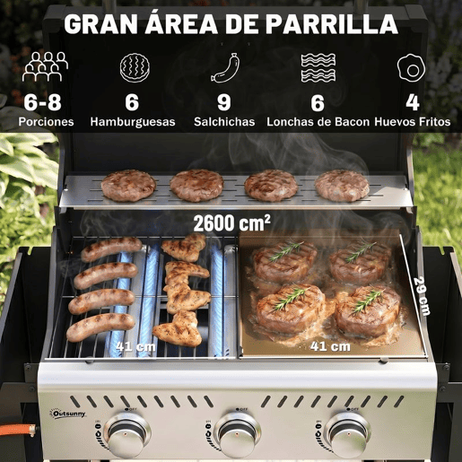 Outsunny Barbecue a Gás Portátil com 3 Queimadores 7,5 kW Termómetro Mesas Laterais Dobráveis Armário Grelha Aquecedora Chapa Tampa com Janela Coletor e Recipiente de Gordura Rodas 125x57x110 cm Preto