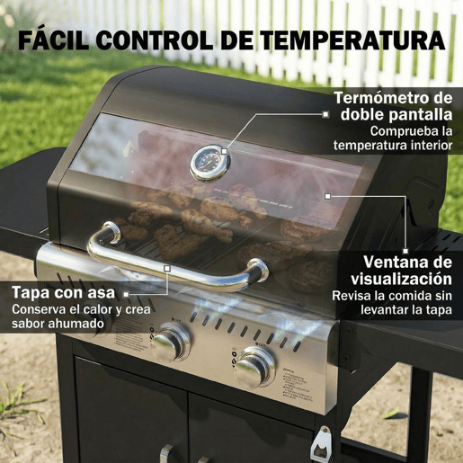 Outsunny Barbecue a Gás Portátil com 3 Queimadores 7,5 kW Termómetro Mesas Laterais Dobráveis Armário Grelha Aquecedora Chapa Tampa com Janela Coletor e Recipiente de Gordura Rodas 125x57x110 cm Preto