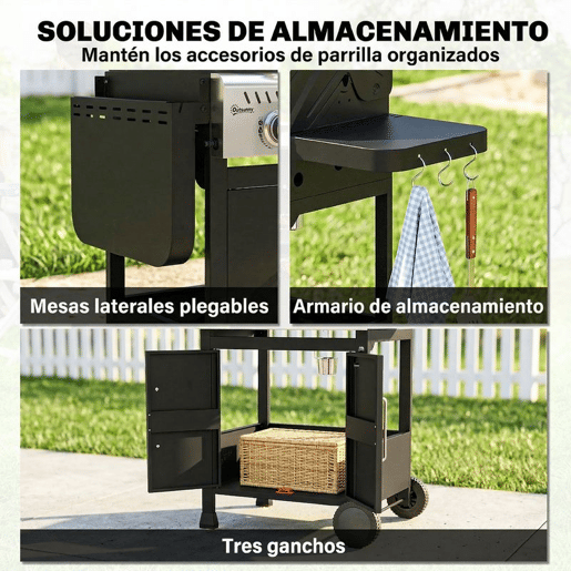 Outsunny Barbecue a Gás Portátil com 3 Queimadores 7,5 kW Termómetro Mesas Laterais Dobráveis Armário Grelha Aquecedora Chapa Tampa com Janela Coletor e Recipiente de Gordura Rodas 125x57x110 cm Preto