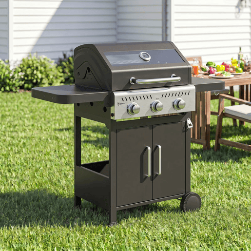 Outsunny Barbecue a Gás Portátil com 3 Queimadores 7,5 kW Termómetro Mesas Laterais Dobráveis Armário Grelha Aquecedora Chapa Tampa com Janela Coletor e Recipiente de Gordura Rodas 125x57x110 cm Preto