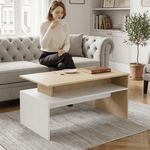 HOMCOM Mesa de Centro Moderna, Mesa Baixa para Sala de Estar com Compartimento, 95x55x50 cm Madeira e Branco