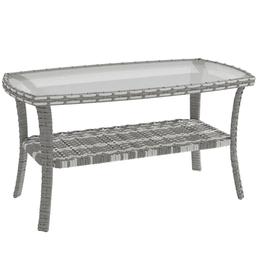 Outsunny Mesa de Jardim Exterior em Vime com Prateleira Mesa Auxiliar Retangular Tampo de Vidro Temperado Ondulado Estrutura em Aço para Terraço Pátio 90x50x45 cm Cinzento Escuro