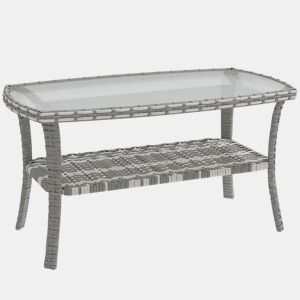 Outsunny Mesa de Jardim Exterior em Vime com Prateleira Mesa Auxiliar Retangular Tampo de Vidro Temperado Ondulado Estrutura em Aço para Terraço Pátio 90x50x45 cm Cinzento Escuro