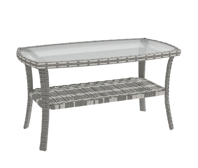 Outsunny mesa de jardín exterior de ratán con estante, mesita auxiliar de jardín rectangular, tablero de vidrio templado con ondas, estructura de