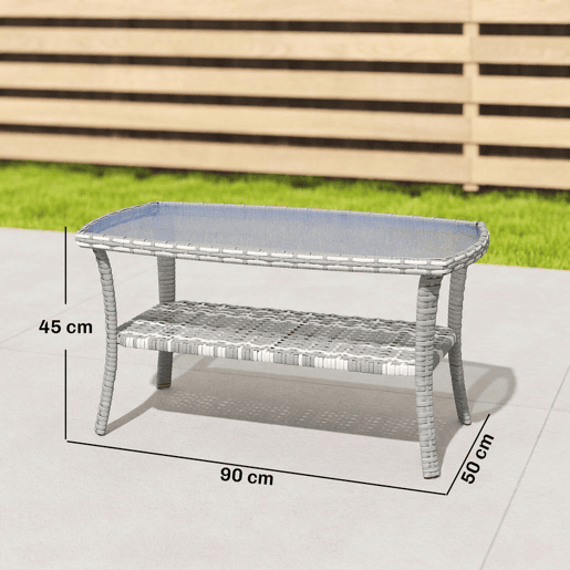 Outsunny Mesa de Jardim Exterior em Vime com Prateleira Mesa Auxiliar Retangular Tampo de Vidro Temperado Ondulado Estrutura em Aço para Terraço Pátio 90x50x45 cm Cinzento Escuro