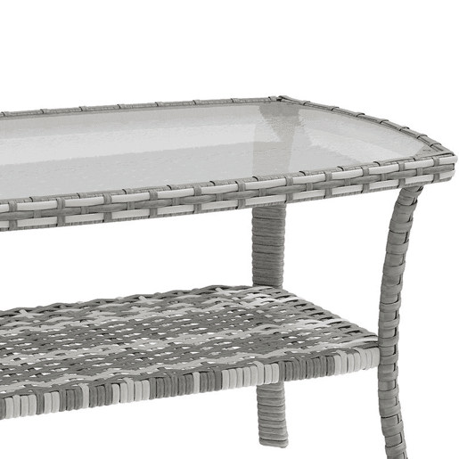 Outsunny Mesa de Jardim Exterior em Vime com Prateleira Mesa Auxiliar Retangular Tampo de Vidro Temperado Ondulado Estrutura em Aço para Terraço Pátio 90x50x45 cm Cinzento Escuro