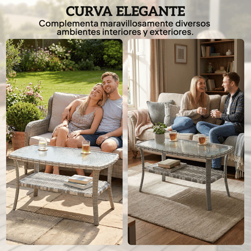 Outsunny Mesa de Jardim Exterior em Vime com Prateleira Mesa Auxiliar Retangular Tampo de Vidro Temperado Ondulado Estrutura em Aço para Terraço Pátio 90x50x45 cm Cinzento Escuro
