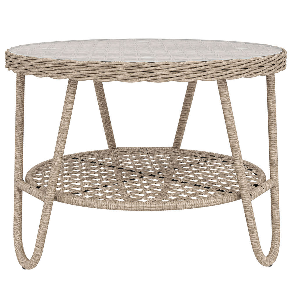 Outsunny mesa de jardín exterior de ratán, mesita auxiliar de jardín con estante, tablero de vidrio templado, estructura de metal, para terraza, patio, balcón, 65x65x50 cm, amarillo