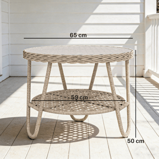 Outsunny Mesa de Jardim Exterior em Ratã, Mesinha Auxiliar de Jardim com Prateleira, Tampo em Vidro Temperado, Estrutura em Metal, para Terraço, Pátio, Varanda, 65x65x50 cm, Amarelo