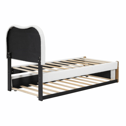 Cama estofada de pelúcia 90x200 cm - com cama de rodízio extraível 90x190 cm - com estrado de ripas de MDF - Branco