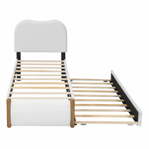 Cama estofada de pelúcia 90x200 cm - com cama de rodízio extraível 90x190 cm - com estrado de ripas de MDF - Branco