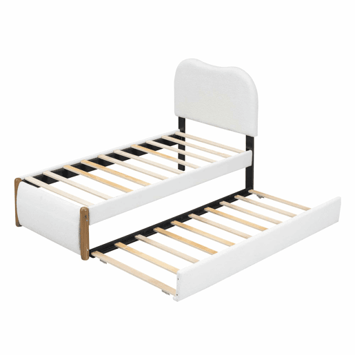 Cama estofada de pelúcia 90x200 cm - com cama de rodízio extraível 90x190 cm - com estrado de ripas de MDF - Branco