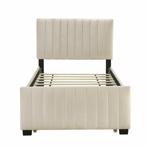 Cama estofada 90x190cm em veludo - com cama com gavetão 90x190cm - Bege