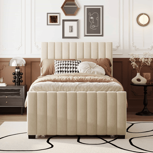 Cama estofada 90x190cm em veludo - com cama com gavetão 90x190cm - Bege