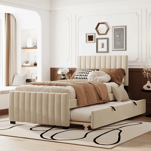 Cama estofada 90x190cm em veludo - com cama com gavetão 90x190cm - Bege