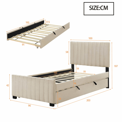 Cama estofada 90x190cm em veludo - com cama com gavetão 90x190cm - Bege