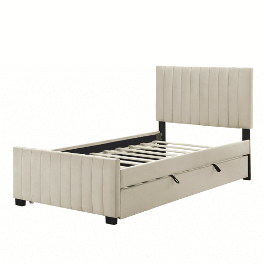 Cama estofada 90x190cm em veludo - com cama com gavetão 90x190cm - Bege