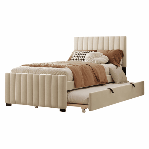 Cama estofada 90x190cm em veludo - com cama com gavetão 90x190cm - Bege