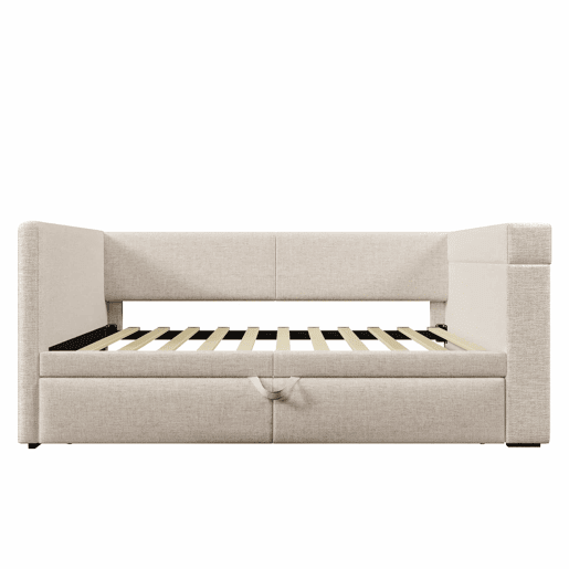 Sofá-cama 90x200 cm - Cama individual com função de cama extraível, apoios de braços com portas USB e Type-C, porta-copos, mistura de linho, bege