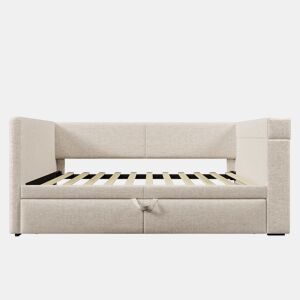 Sofá-cama 90x200 cm - Cama individual com função de cama extraível, apoios de braços com portas USB e Type-C, porta-copos, mistura de linho, bege