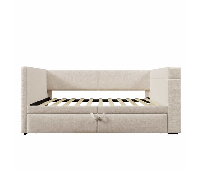 Sofá cama 90x200 cm - cama individual con función de cama extraíble, reposabrazos con puertos usb y type-c, portavasos, mezcla de lino, beige