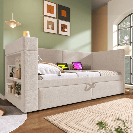 Sofá-cama 90x200 cm - Cama individual com função de cama extraível, apoios de braços com portas USB e Type-C, porta-copos, mistura de linho, bege