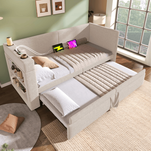 Sofá-cama 90x200 cm - Cama individual com função de cama extraível, apoios de braços com portas USB e Type-C, porta-copos, mistura de linho, bege