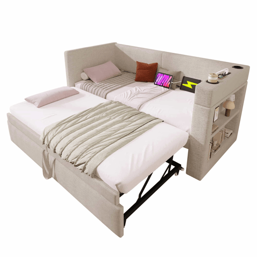 Sofá-cama 90x200 cm - Cama individual com função de cama extraível, apoios de braços com portas USB e Type-C, porta-copos, mistura de linho, bege