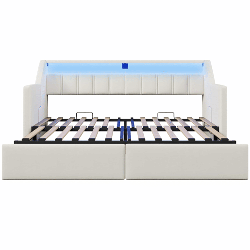 Sofá-cama, 90 x 200 cm - Com USB e Type-C, faixa LED com controle remoto, 2 gavetas, bolsos de armazenamento, cama extensível multifuncional - Bege