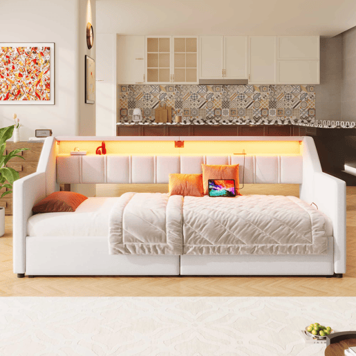 Sofá-cama, 90 x 200 cm - Com USB e Type-C, faixa LED com controle remoto, 2 gavetas, bolsos de armazenamento, cama extensível multifuncional - Bege