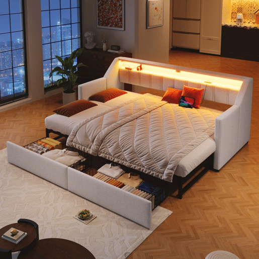 Sofá-cama, 90 x 200 cm - Com USB e Type-C, faixa LED com controle remoto, 2 gavetas, bolsos de armazenamento, cama extensível multifuncional - Bege