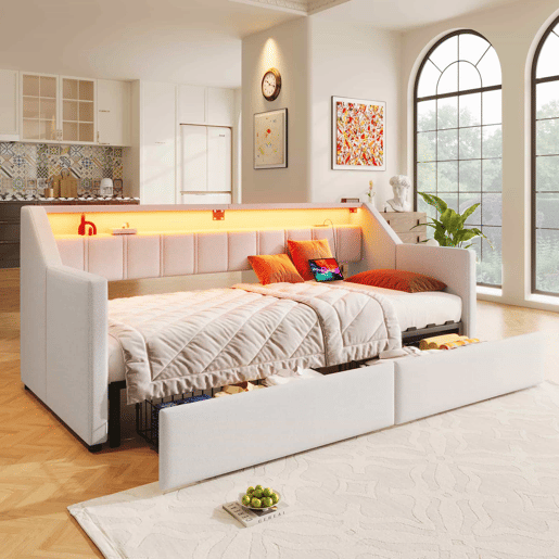 Sofá-cama, 90 x 200 cm - Com USB e Type-C, faixa LED com controle remoto, 2 gavetas, bolsos de armazenamento, cama extensível multifuncional - Bege
