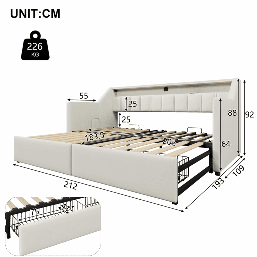 Sofá-cama, 90 x 200 cm - Com USB e Type-C, faixa LED com controle remoto, 2 gavetas, bolsos de armazenamento, cama extensível multifuncional - Bege