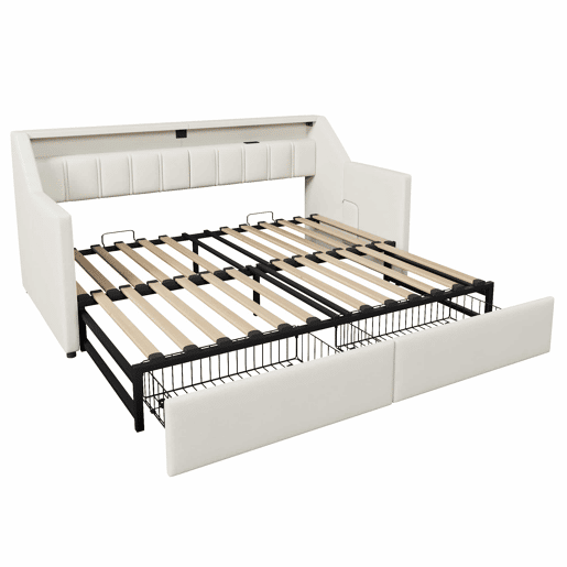 Sofá-cama, 90 x 200 cm - Com USB e Type-C, faixa LED com controle remoto, 2 gavetas, bolsos de armazenamento, cama extensível multifuncional - Bege
