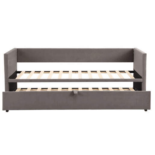 Cama de rodízio de veludo com estrado de ripas - 90180x200cm - Cinzento