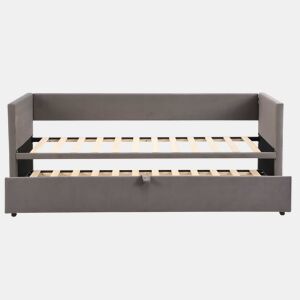 Cama de rodízio de veludo com estrado de ripas - 90180x200cm - Cinzento