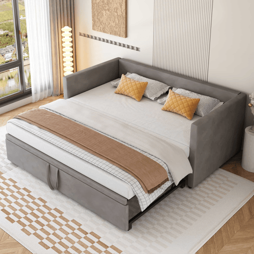 Cama de rodízio de veludo com estrado de ripas - 90180x200cm - Cinzento